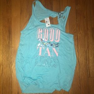 Sky blue tank top “good time and tan lines”